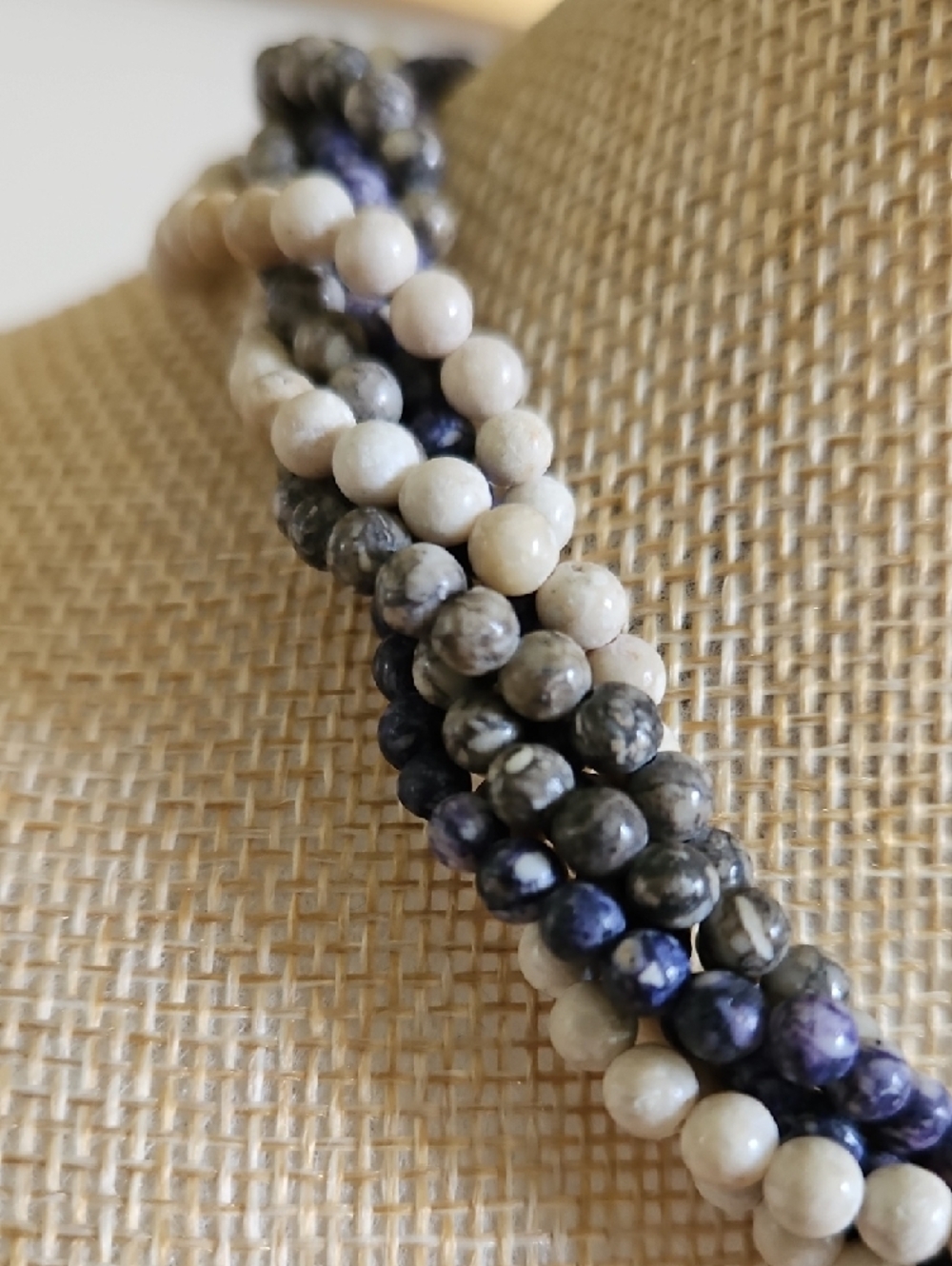 Multistrand Twisted Stone Bead Necklace in Ivory, Gray and Navy - Picture 2 of 5